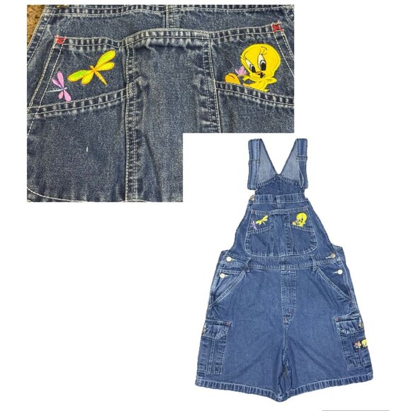 Vintage LOONEY TUNES Tweety Bird Shortalls Jumper Shorts Y2k 90s Oversized SMALL - Picture 1 of 10